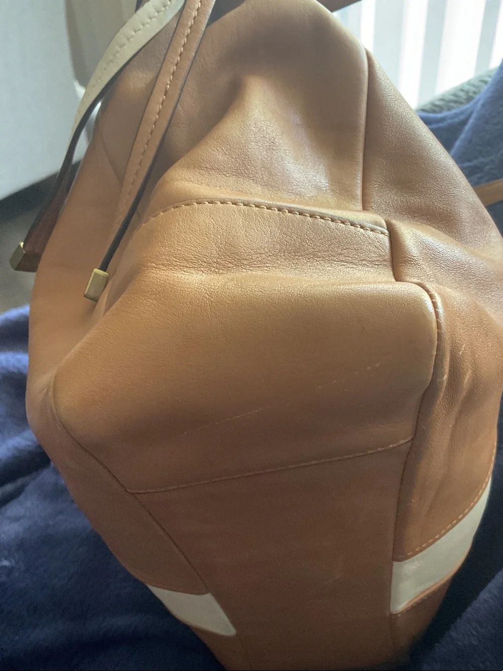 Coach Tan Leather Tote with Cream Center Stripe